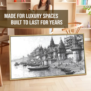 Banaras Ghats Painting Wall Art – Varanasi Riverfront with Golden Floater Frame – HD Print Large Canvas, Ready to Hang, Size: 2X4FT, (BAWA34).