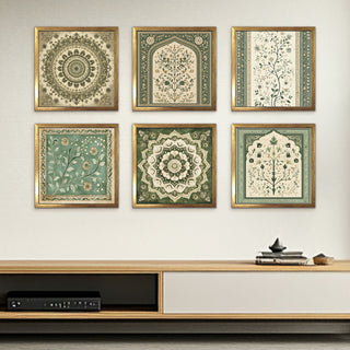 Ethnic Wall Art Set of 6 | HD Canvas Print | Ready to Hang | Golden Box Frame Panels for Home & Office Décor | Each Frame Size: 14X14 INCH (ETHF05)