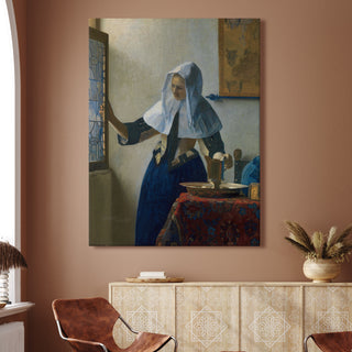 Young Woman with a Water Pitcher – Johannes Vermeer Painting | HD Canvas Print | Ready to Hang | Wall Art for Bedroom, living room, Hallway (JVWA06)