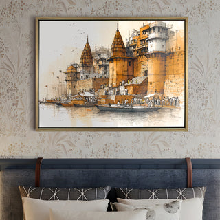 Banaras Ghats Painting Wall Art – Varanasi Riverfront with Golden Floater Frame – HD Print Large Canvas, Ready to Hang, Size: 3X4FT, (BAWA05).