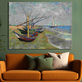 Fishing Boats on the Beach Wall Art by Vincent Van Gogh, HD Canvas Print, Framed, Ready to Hang. (VAWA07).