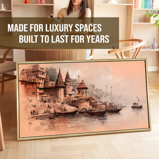 Banaras Ghats Painting Wall Art – Varanasi Riverfront with Golden Floater Frame – HD Print Large Canvas, Ready to Hang, Size: 2X4FT, (BAWA37).