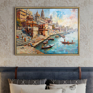 Banaras Ghats Painting Wall Art – Varanasi Riverfront with Golden Floater Frame – HD Print Large Canvas, Ready to Hang, Size: 3X4FT, (BAWA28).