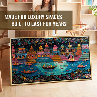 Banaras Ghats Painting Wall Art – Varanasi Riverfront with Golden Floater Frame – HD Print Large Canvas, Ready to Hang, Size: 2X4FT, (BAWA40).