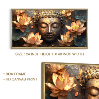 Golden Buddha with Lotus Wall Art, HD Canvas Print, Golden Box Framed, Ready to Hang, (24 In x 48 In) (BUDDHA-WA-20)