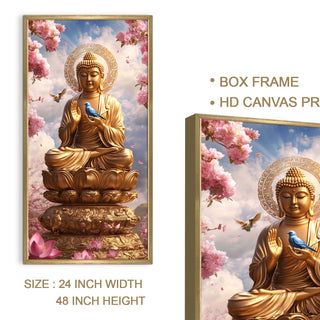 Golden Buddha Portrait with Bluebird Wall Art, HD Canvas Print, Golden Box Framed, Ready to Hang, (48 In x 24 In) (BUDDHA-WA-41)