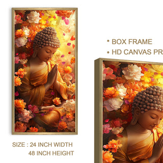 Golden Aura Buddha Portrait with Blossoms Wall Art, HD Canvas Print, Golden Box Framed, Ready to Hang, (48 In x 24 In) (BUDDHA-WA-39)
