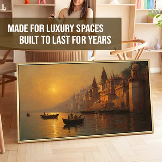 Banaras Ghats Painting Wall Art – Varanasi Riverfront with Golden Floater Frame – HD Print Large Canvas, Ready to Hang, Size: 2X4FT, (BAWA45).