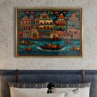 Banaras Ghats Painting Wall Art – Varanasi Riverfront with Golden Floater Frame – HD Print Large Canvas, Ready to Hang, Size: 3X4FT, (BAWA17).