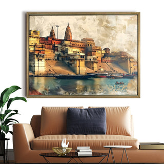 Banaras Ghats Painting Wall Art – Varanasi Riverfront with Golden Floater Frame – HD Print Large Canvas, Ready to Hang, Size: 3X4FT, (BAWA01).