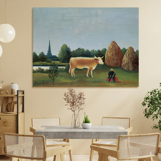 Landscape with Cow and Haystacks – Henri Rousseau Painting | HD Canvas Print | Ready to Hang | Wall Art for Bedroom, living room, Hallway (HRWA09)