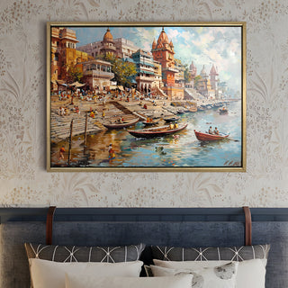 Banaras Ghats Painting Wall Art – Varanasi Riverfront with Golden Floater Frame – HD Print Large Canvas, Ready to Hang, Size: 3X4FT, (BAWA15).