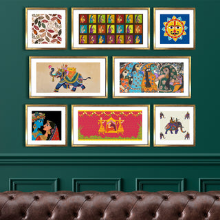 Indian Folk & Madhubani Art – Set of 8 Framed Acrylic Paintings in Golden Box Frames (INETHPA01)