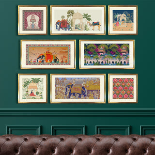 Royal Mughal Miniature Art – Set of 8 Acrylic Paintings in Golden Box Frames (MUGHAL-8F-02)