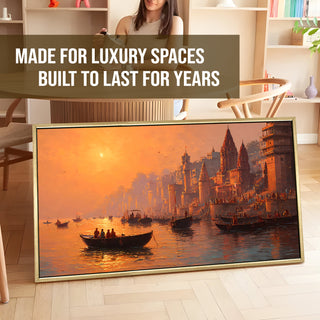 Banaras Ghats Painting Wall Art – Varanasi Riverfront with Golden Floater Frame – HD Print Large Canvas, Ready to Hang, Size: 2X4FT, (BAWA39).