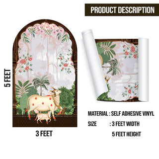 Pichwai Cow Temple Background Arch Wall Mural – Peel & Stick Cow Wallpaper – Waterproof Self Adhesive Vinyl Sticker for Living Room, Entryway – Size: 5ft x 3ft (PDAWALL01)