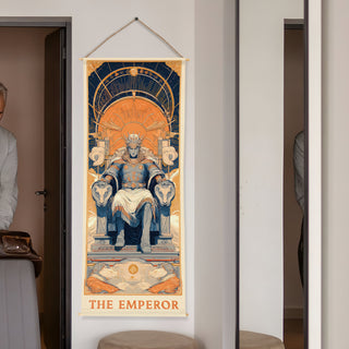 The Emperor Tarot Tapestry | Majestic King on Throne Wall Hanging, Thick fabric, HD Print, Ready to Hang Wall Décor. Size 24 In x 60 In. (TAROTTPS04)