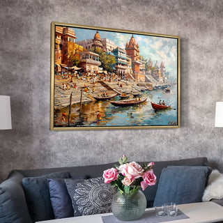 Banaras Ghats Painting Wall Art – Varanasi Riverfront with Golden Floater Frame – HD Print Large Canvas, Ready to Hang, Size: 3X4FT, (BAWA15).