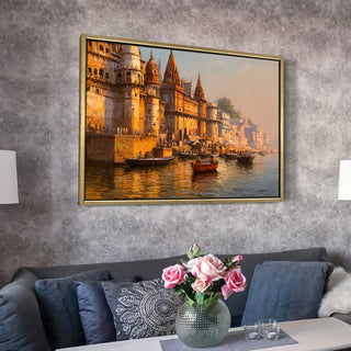 Banaras Ghats Painting Wall Art – Varanasi Riverfront with Golden Floater Frame – HD Print Large Canvas, Ready to Hang, Size: 3X4FT, (BAWA16).