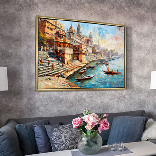 Banaras Ghats Painting Wall Art – Varanasi Riverfront with Golden Floater Frame – HD Print Large Canvas, Ready to Hang, Size: 3X4FT, (BAWA28).