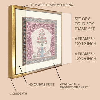 Royal Mughal Miniature Art – Set of 8 Acrylic Paintings in Golden Box Frames (MUGHAL-8F-02)