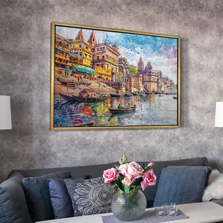 Banaras Ghats Painting Wall Art – Varanasi Riverfront with Golden Floater Frame – HD Print Large Canvas, Ready to Hang, Size: 3X4FT, (BAWA20).