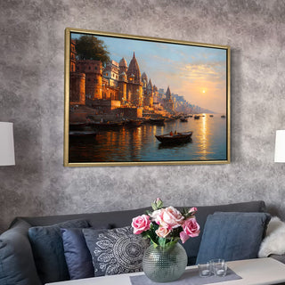 Banaras Ghats Painting Wall Art – Varanasi Riverfront with Golden Floater Frame – HD Print Large Canvas, Ready to Hang, Size: 3X4FT, (BAWA19).