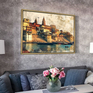 Banaras Ghats Painting Wall Art – Varanasi Riverfront with Golden Floater Frame – HD Print Large Canvas, Ready to Hang, Size: 3X4FT, (BAWA01).
