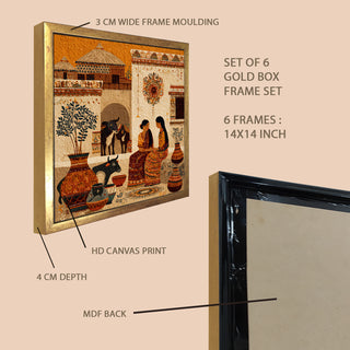 Ethnic Wall Art Set of 6 | HD Canvas Print | Ready to Hang | Golden Box Frame Panels for Home & Office Décor | Each Frame Size: 14X14 INCH (ETHF04)