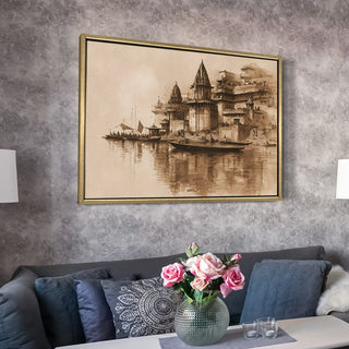 Banaras Ghats Painting Wall Art – Varanasi Riverfront with Golden Floater Frame – HD Print Large Canvas, Ready to Hang, Size: 3X4FT, (BAWA30).