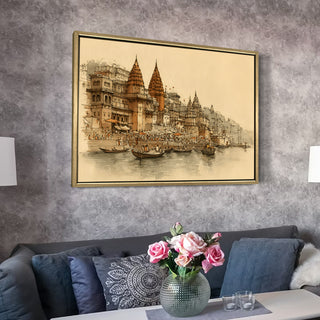 Banaras Ghats Painting Wall Art – Varanasi Riverfront with Golden Floater Frame – HD Print Large Canvas, Ready to Hang, Size: 3X4FT, (BAWA21).