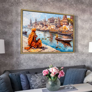 Banaras Ghats Painting Wall Art – Varanasi Riverfront with Golden Floater Frame – HD Print Large Canvas, Ready to Hang, Size: 3X4FT, (BAWA23).