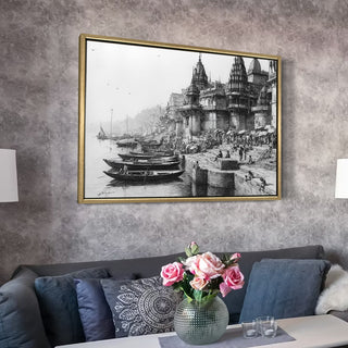 Banaras Ghats Painting Wall Art – Varanasi Riverfront with Golden Floater Frame – HD Print Large Canvas, Ready to Hang, Size: 3X4FT, (BAWA18).