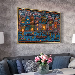 Banaras Ghats Painting Wall Art – Varanasi Riverfront with Golden Floater Frame – HD Print Large Canvas, Ready to Hang, Size: 3X4FT, (BAWA14).