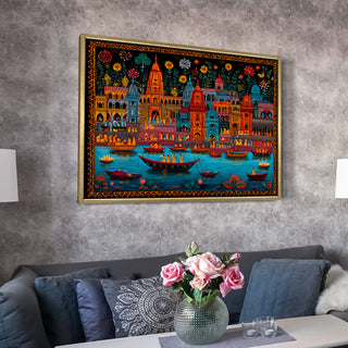 Banaras Ghats Painting Wall Art – Varanasi Riverfront with Golden Floater Frame – HD Print Large Canvas, Ready to Hang, Size: 3X4FT, (BAWA12).