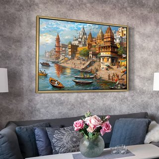 Banaras Ghats Painting Wall Art – Varanasi Riverfront with Golden Floater Frame – HD Print Large Canvas, Ready to Hang, Size: 3X4FT, (BAWA24).