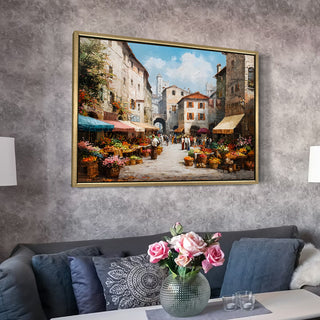European Cityscape Wall Art, HD Canvas Print, Golden Floater Framed, Ready to Hang, (36 In x 48 In) (EURO-WA-68)