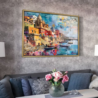 Banaras Ghats Painting Wall Art – Varanasi Riverfront with Golden Floater Frame – HD Print Large Canvas, Ready to Hang, Size: 3X4FT, (BAWA02).