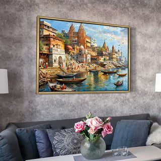 Banaras Ghats Painting Wall Art – Varanasi Riverfront with Golden Floater Frame – HD Print Large Canvas, Ready to Hang, Size: 3X4FT, (BAWA26).