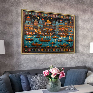 Banaras Ghats Painting Wall Art – Varanasi Riverfront with Golden Floater Frame – HD Print Large Canvas, Ready to Hang, Size: 3X4FT, (BAWA08).