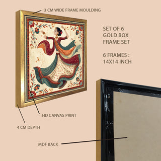 Ethnic Wall Art Set of 6 | HD Canvas Print | Ready to Hang | Golden Box Frame Panels for Home & Office Décor | Each Frame Size: 14X14 INCH (ETHF03)