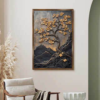 Abstract Golden Lucky Wish tree, HD Canvas Print, Framed, Ready to Hang.(20In x 30In) (VAWA007)