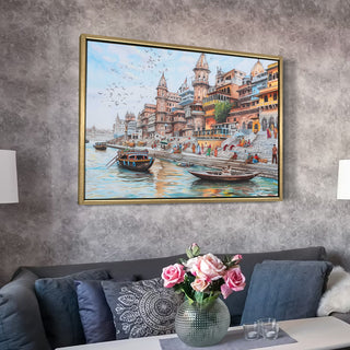 Banaras Ghats Painting Wall Art – Varanasi Riverfront with Golden Floater Frame – HD Print Large Canvas, Ready to Hang, Size: 3X4FT, (BAWA31).