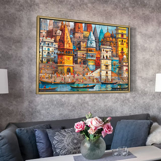 Banaras Ghats Painting Wall Art – Varanasi Riverfront with Golden Floater Frame – HD Print Large Canvas, Ready to Hang, Size: 3X4FT, (BAWA11).