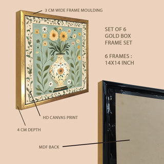 Ethnic Wall Art Set of 6 | HD Canvas Print | Ready to Hang | Golden Box Frame Panels for Home & Office Décor | Each Frame Size: 14X14 INCH (ETHF01)