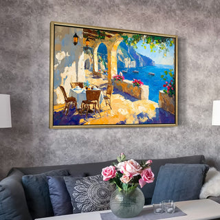 Seaside café on the cliffs of Amalfi Coast Wall Art, HD Canvas Print, Golden Floater Framed, Ready to Hang, (36 In x 48 In) (CAFE-WA-14)