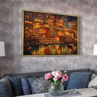Banaras Ghats Painting Wall Art – Varanasi Riverfront with Golden Floater Frame – HD Print Large Canvas, Ready to Hang, Size: 3X4FT, (BAWA09).