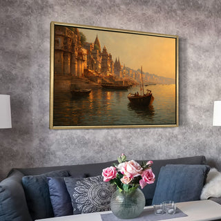 Banaras Ghats Painting Wall Art – Varanasi Riverfront with Golden Floater Frame – HD Print Large Canvas, Ready to Hang, Size: 3X4FT, (BAWA13).