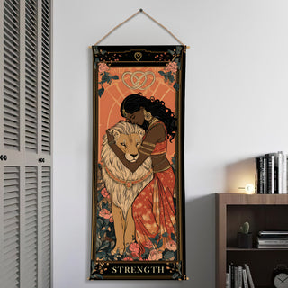 Strength Tarot Tapestry, Feminine Power & Lion Wall Hanging, Thick fabric, HD Print, Ready to Hang Wall Décor. Size 24 In x 60 In. (TAROTTPS08)