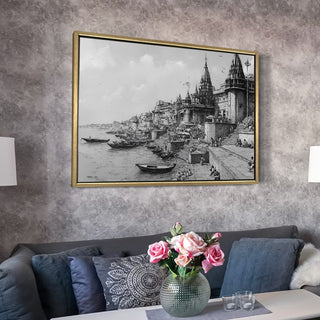 Banaras Ghats Painting Wall Art – Varanasi Riverfront with Golden Floater Frame – HD Print Large Canvas, Ready to Hang, Size: 3X4FT, (BAWA22).